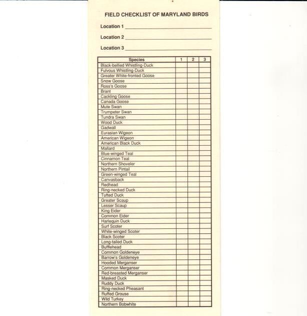 Field Checklist of Maryland Birds cover