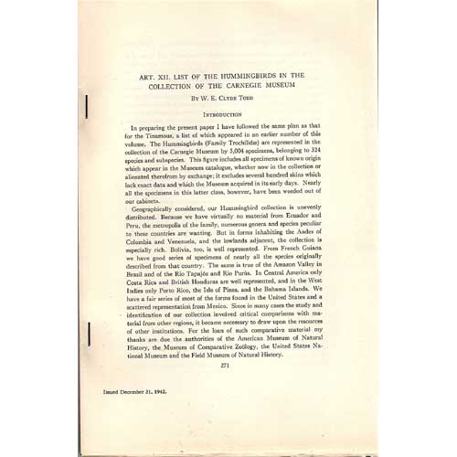 Book cover and/or sample page of List of the Hummingbirds in the Collection of the Carnegie Museum