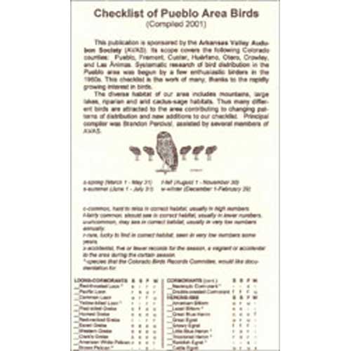Checklist of Pueblo Area Birds cover