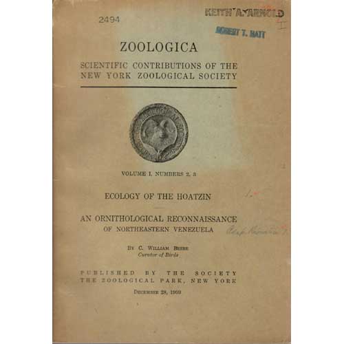 Book cover and/or sample page of Zoologica Vol. I, Numbers 2, 3: Ecology of the Hoatzin; An Ornithological Reconnaissance of Northeastern Venezuela