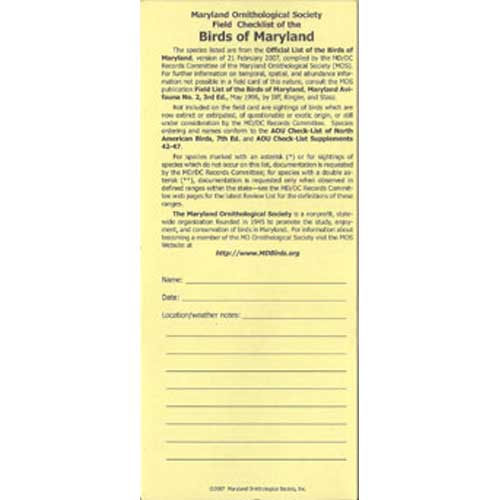 Field Checklist of the Birds of Maryland cover
