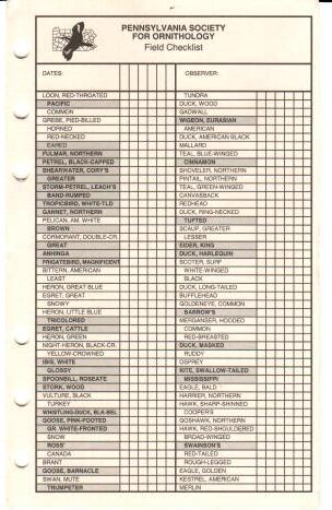 Pennsylvania Society for Ornithology Field Checklist cover