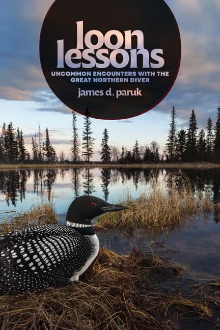 Book cover of 'Loon Lessons' with a loon and a lake scene