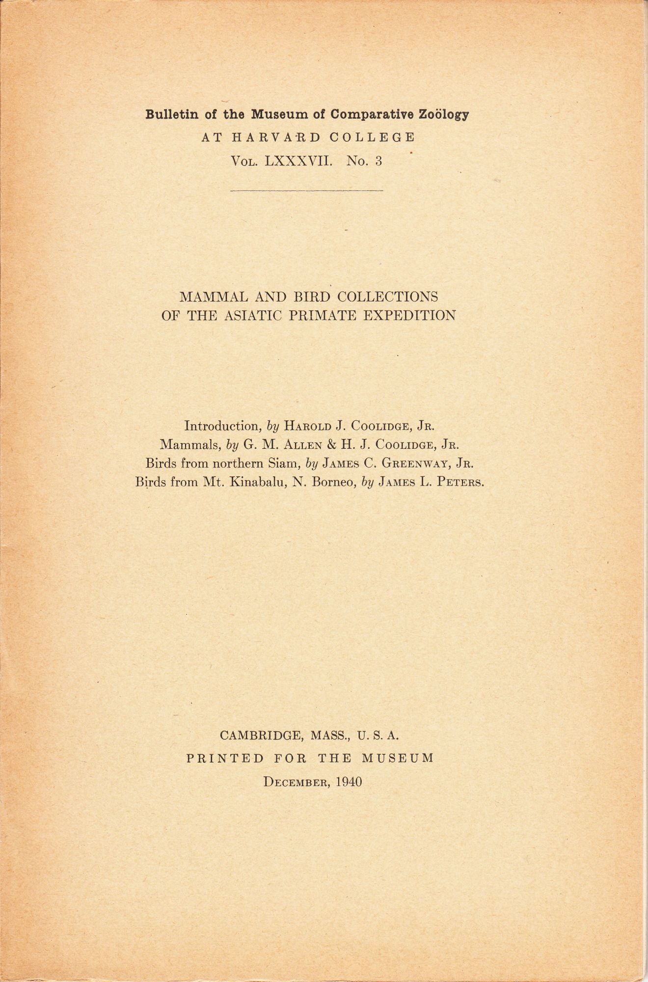 Mammal and Bird Collections of the Asiatic Primate Expedition