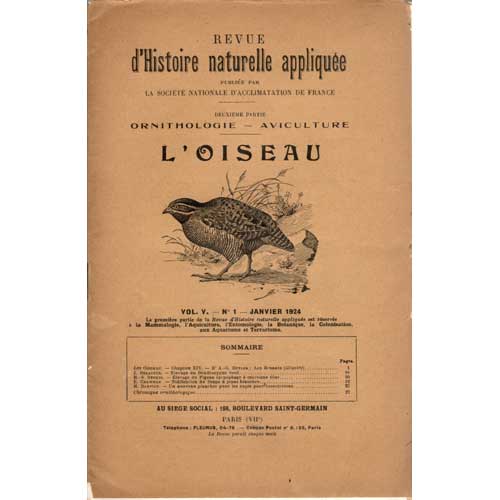 Book cover and/or sample page of Revue d'Histoire Naturelle Appliquee. Deuxieme Partie: Ornithologie - Aviculture: L'Oiseau.  Oiseaux