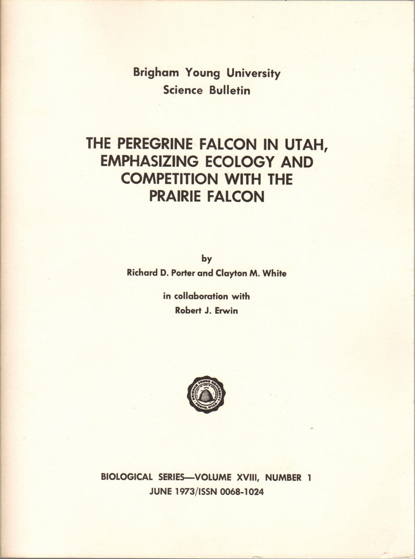 Book cover and/or sample page of The Peregrine Falcon in Utah, Emphasizing Ecology and Competition with the Prairie Falcon